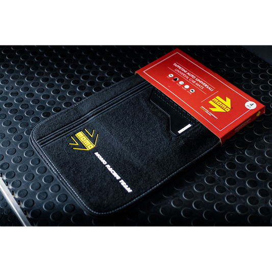 MOMO Universal Car Floor Mats Set | Yellow Arrow | White Branding